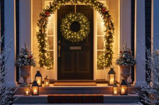 Front porch decorated with a glowing Christmas wreath, garland of twinkling lights, potted trees with ornaments, and lanterns with candles, creating a warm and cozy Christmas décor.