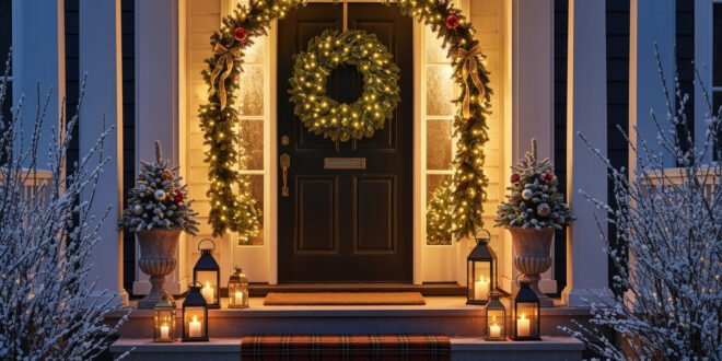 Front porch decorated with a glowing Christmas wreath, garland of twinkling lights, potted trees with ornaments, and lanterns with candles, creating a warm and cozy Christmas décor.