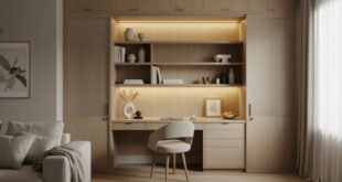 Closet Office (Cloffice) Ideas For A Chic, Calm Workspace 54 Built-in wood desk with open shelving, soft lighting, and minimalist decor creating a warm and inviting closet office (cloffice) space.