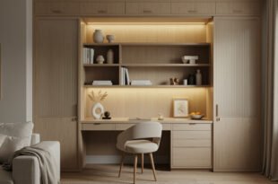 Built-in wood desk with open shelving, soft lighting, and minimalist decor creating a warm and inviting closet office (cloffice) space.