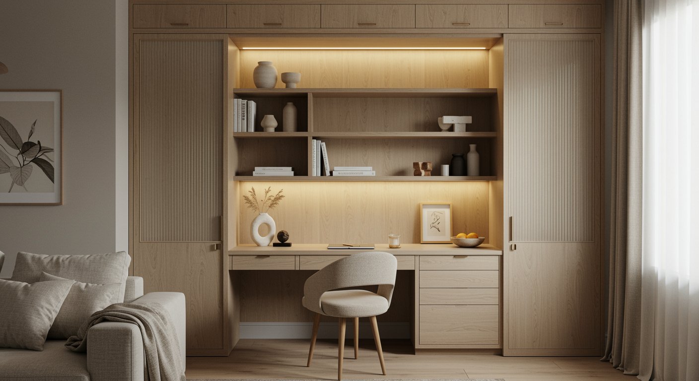 Built-in wood desk with open shelving, soft lighting, and minimalist decor creating a warm and inviting closet office (cloffice) space.
