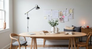 Design-Forward Ways to Style a Dining Room Office Combo 55 Bright dining room office combo with a wooden oval table styled with books, a laptop, and a vase of greenery, set against a wall-mounted inspiration board and neutral seating.