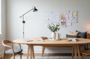 Bright dining room office combo with a wooden oval table styled with books, a laptop, and a vase of greenery, set against a wall-mounted inspiration board and neutral seating.