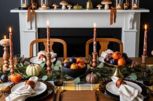 A warmly lit dining table set with candles, greenery, pumpkins, persimmons, and plums, styled with plaid linens for a cozy fall Thanksgiving décor.
