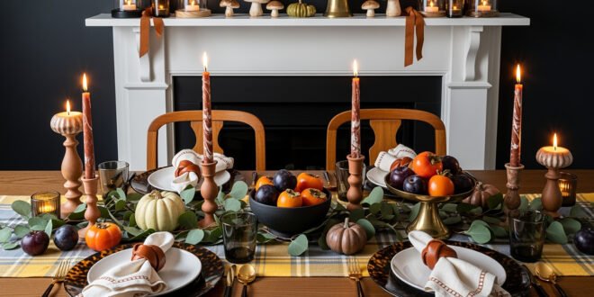 A warmly lit dining table set with candles, greenery, pumpkins, persimmons, and plums, styled with plaid linens for a cozy fall Thanksgiving décor.