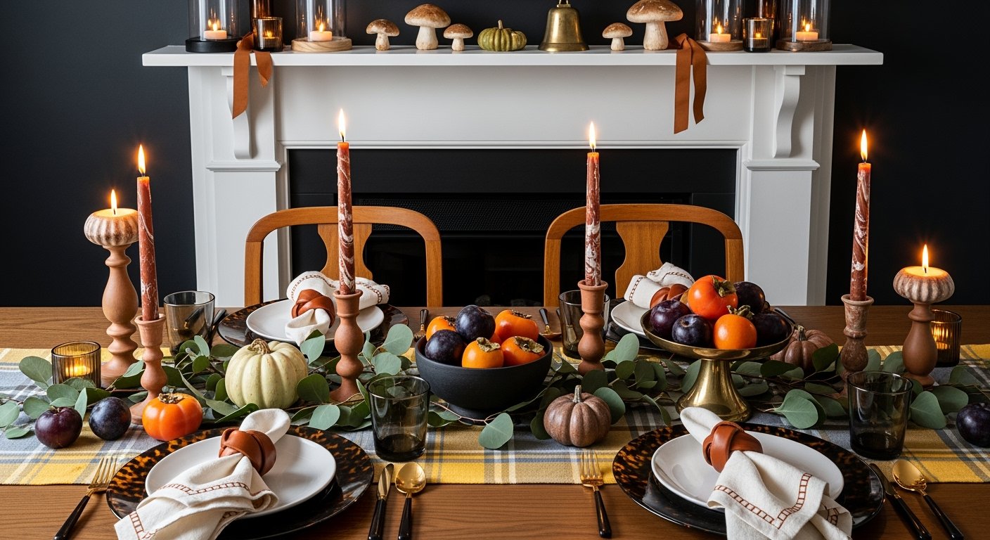 A warmly lit dining table set with candles, greenery, pumpkins, persimmons, and plums, styled with plaid linens for a cozy fall Thanksgiving décor.