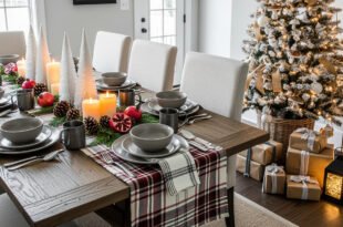 Rustic dining room set with gray dishware, plaid table runner, candles, pinecones, and pomegranates, styled beside a glowing Christmas tree and farmhouse-style wrapped gifts.