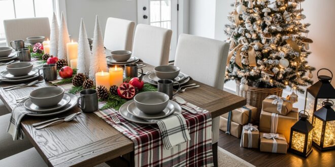 Rustic dining room set with gray dishware, plaid table runner, candles, pinecones, and pomegranates, styled beside a glowing Christmas tree and farmhouse-style wrapped gifts.
