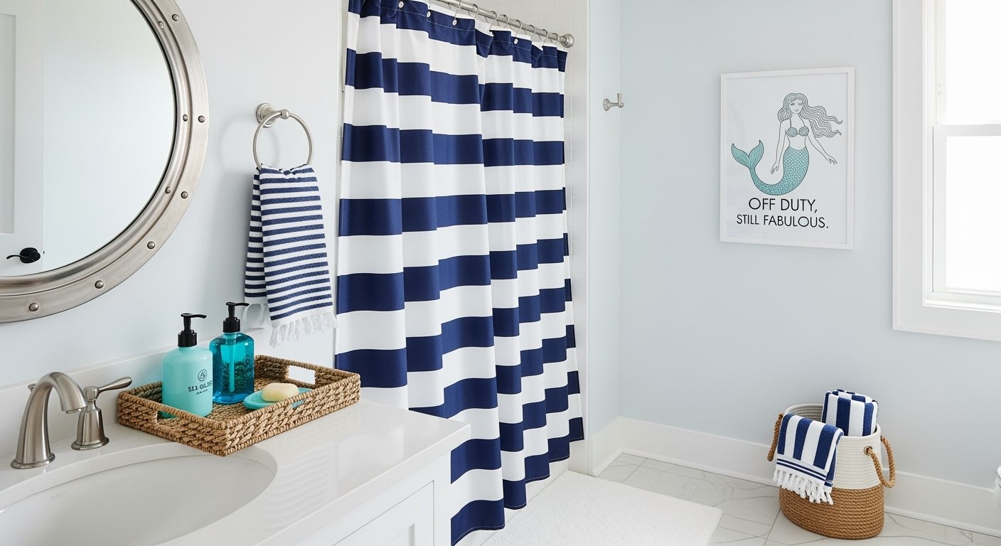 Nautical bathroom decor with navy and white striped shower curtain, wicker baskets, and a mermaid wall art for a touch of funny bathroom decor.