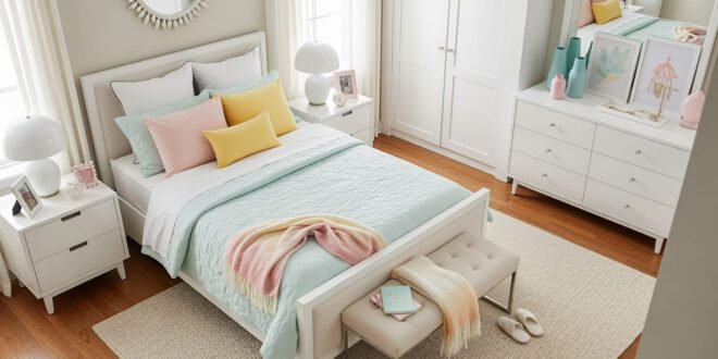Bright bedroom with a white bed frame, pastel bedding in mint, pink, and yellow, and a cozy bench at the foot of the bed, styled with soft girls bedroom ideas.