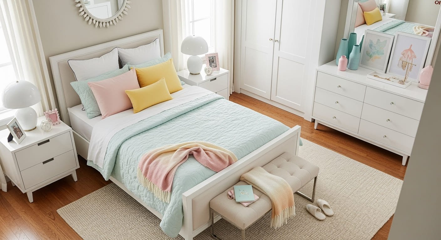 Bright bedroom with a white bed frame, pastel bedding in mint, pink, and yellow, and a cozy bench at the foot of the bed, styled with soft girls bedroom ideas.