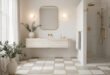 Minimalist bathroom with a floating travertine sink, round mirror with gold frame, glass shower enclosure with gold fixtures, and potted greenery for soft bathroom decor.
