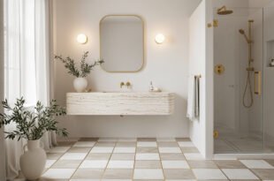 Minimalist bathroom with a floating travertine sink, round mirror with gold frame, glass shower enclosure with gold fixtures, and potted greenery for soft bathroom decor.