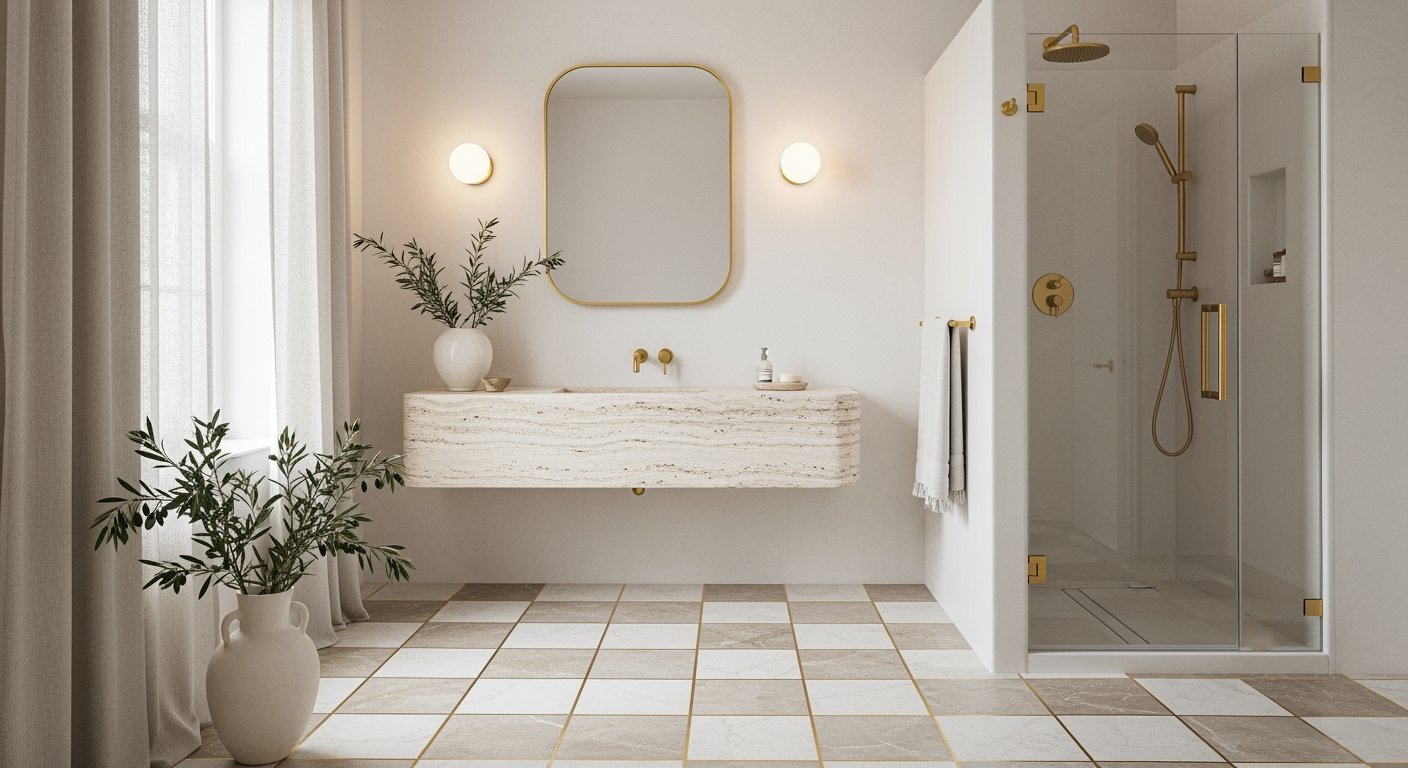 Minimalist bathroom with a floating travertine sink, round mirror with gold frame, glass shower enclosure with gold fixtures, and potted greenery for soft bathroom decor.
