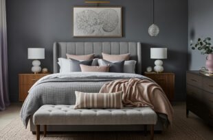 Elegant grey bedroom with a tufted headboard, layered bedding in grey and blush tones, wooden side tables, and modern decor accents.