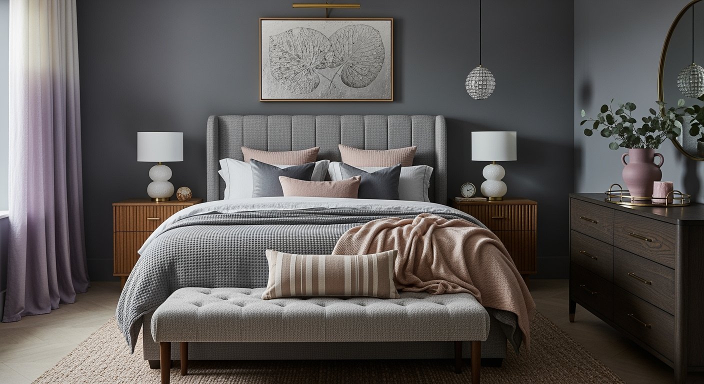 Elegant grey bedroom with a tufted headboard, layered bedding in grey and blush tones, wooden side tables, and modern decor accents.