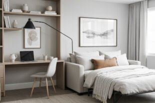 Bright home office guest room combo with a pull-out sofa bed beside a built-in desk and shelving, styled in neutral tones with minimalist art and soft natural light.