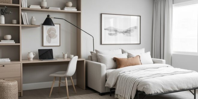Bright home office guest room combo with a pull-out sofa bed beside a built-in desk and shelving, styled in neutral tones with minimalist art and soft natural light.