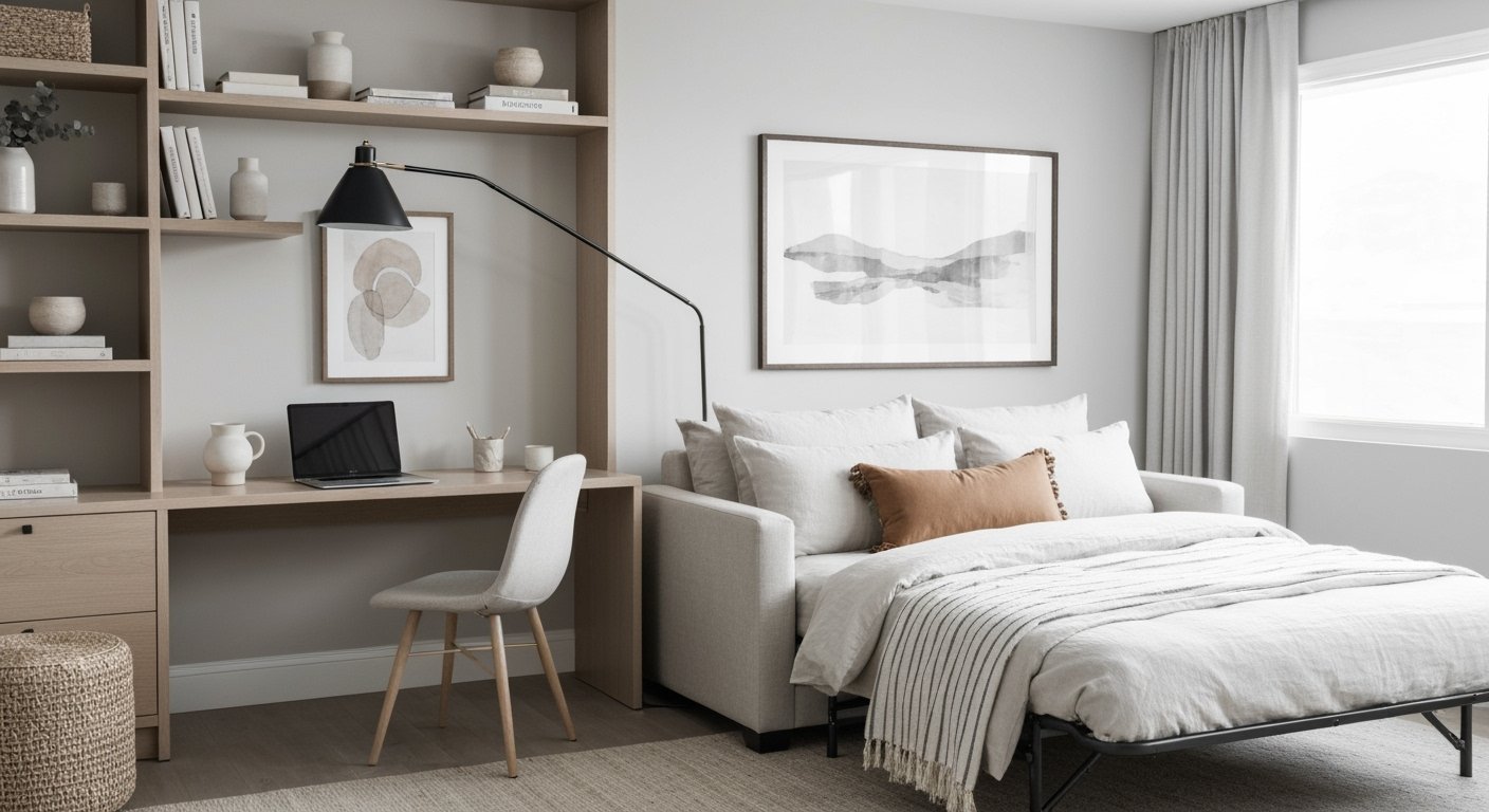 Bright home office guest room combo with a pull-out sofa bed beside a built-in desk and shelving, styled in neutral tones with minimalist art and soft natural light.