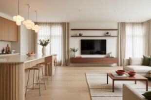 Modern kitchen and living room combo featuring light wood cabinetry, a ribbed island with bar stools, globe pendant lights, and a cozy lounge area with a sectional sofa, a flat-screen TV, and warm neutral decor.