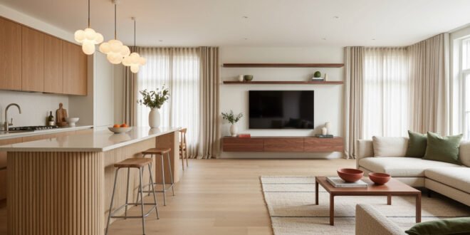 Modern kitchen and living room combo featuring light wood cabinetry, a ribbed island with bar stools, globe pendant lights, and a cozy lounge area with a sectional sofa, a flat-screen TV, and warm neutral decor.