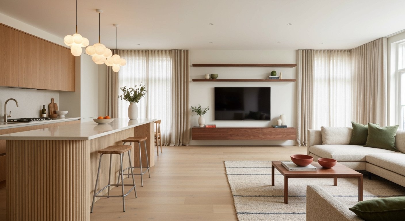Modern kitchen and living room combo featuring light wood cabinetry, a ribbed island with bar stools, globe pendant lights, and a cozy lounge area with a sectional sofa, a flat-screen TV, and warm neutral decor.