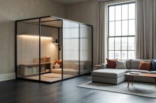 Modern living room playroom combo with a gray sectional sofa, colorful pillows, and a glass-walled nook filled with books, cushions, and storage baskets.