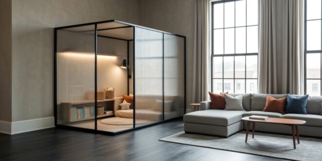 Modern living room playroom combo with a gray sectional sofa, colorful pillows, and a glass-walled nook filled with books, cushions, and storage baskets.