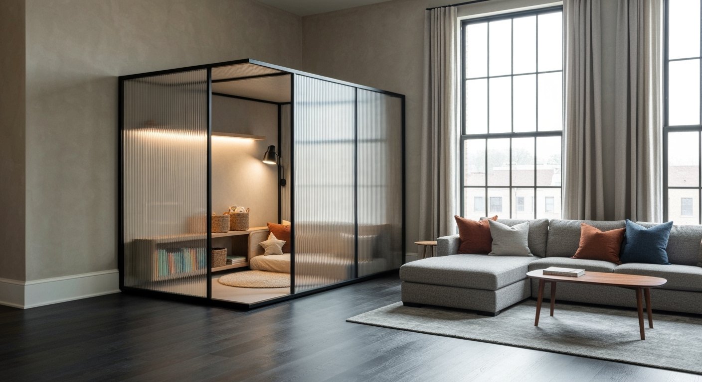 Modern living room playroom combo with a gray sectional sofa, colorful pillows, and a glass-walled nook filled with books, cushions, and storage baskets.