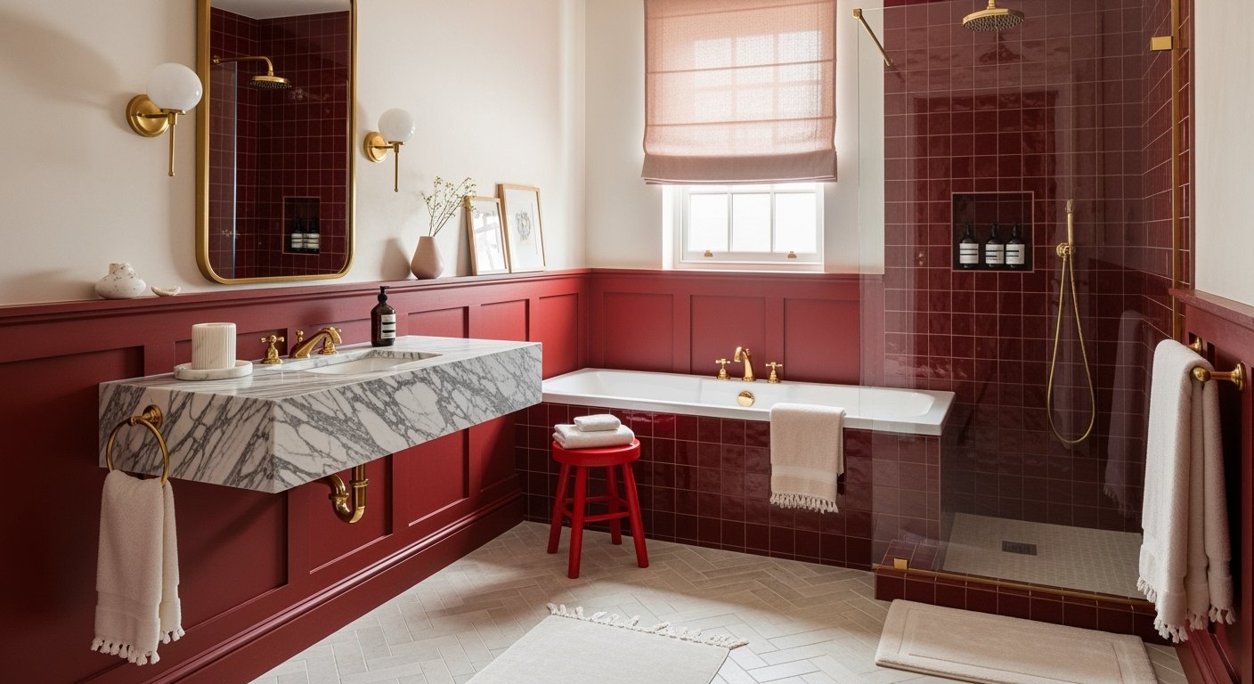 Elegant bathroom with red tile walls, a marble floating sink, a soaking tub, and a glass shower, styled with gold fixtures and soft lighting.