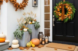 Front porch decorated with a black door wreath of greenery, small pumpkins, and oak leaves, surrounded by stacked pumpkins, lanterns with candles, and leafy garlands for a warm Thanksgiving Décor look.