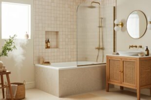 Neutral bathroom with a beige tiled tub shower combo, fluted glass screen, wood vanity with woven doors, and a round mirror with brass sconces.