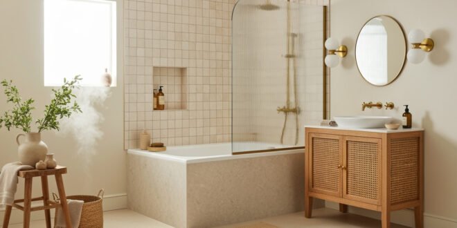 Neutral bathroom with a beige tiled tub shower combo, fluted glass screen, wood vanity with woven doors, and a round mirror with brass sconces.