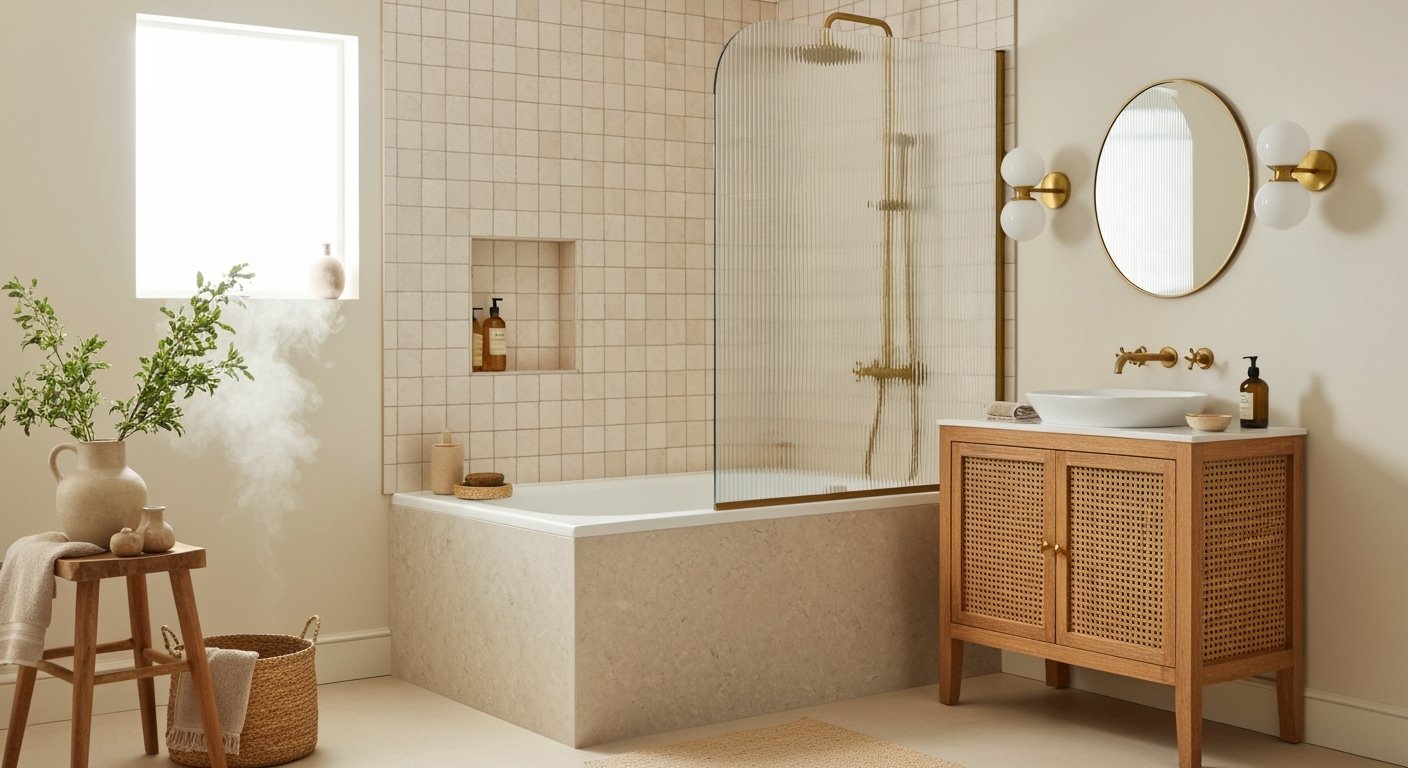 Neutral bathroom with a beige tiled tub shower combo, fluted glass screen, wood vanity with woven doors, and a round mirror with brass sconces.