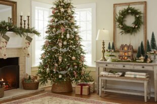 Living room with a glowing fireplace, stockings, and a tall Christmas tree decorated with ornaments and silver garland beside a console table topped with a wreath and miniature holiday village, creating a cozy Christmas décor scene.