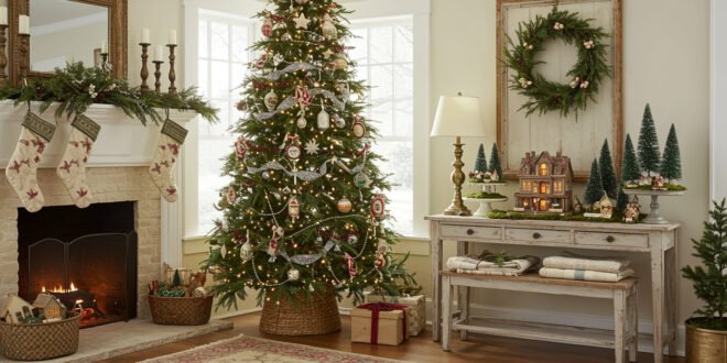 Living room with a glowing fireplace, stockings, and a tall Christmas tree decorated with ornaments and silver garland beside a console table topped with a wreath and miniature holiday village, creating a cozy Christmas décor scene.