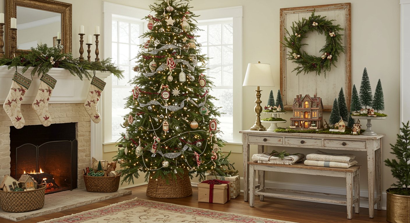 Living room with a glowing fireplace, stockings, and a tall Christmas tree decorated with ornaments and silver garland beside a console table topped with a wreath and miniature holiday village, creating a cozy Christmas décor scene.