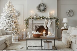 Elegant living room with white Christmas décor featuring a flocked tree with white ornaments, a garland-draped mantel with candles and stockings, and neutral sofas with cozy knits.
