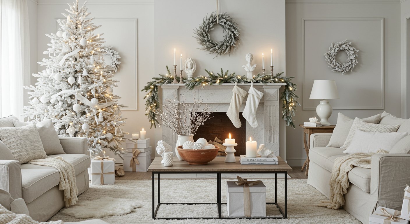 Elegant living room with white Christmas décor featuring a flocked tree with white ornaments, a garland-draped mantel with candles and stockings, and neutral sofas with cozy knits.