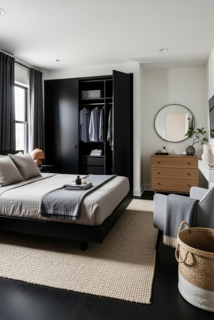 Effortlessly Stylish bedroom ideas for men That Feel Personal 2 Minimalist bedroom featuring an open black wardrobe, neutral bedding, a circular mirror, and clean-lined wood accents with a calming, masculine style.