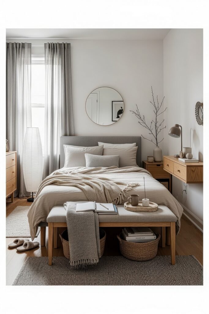 Minimalist bedroom with soft gray tones, a round mirror, natural wood details, and a bench with woven baskets for storage.