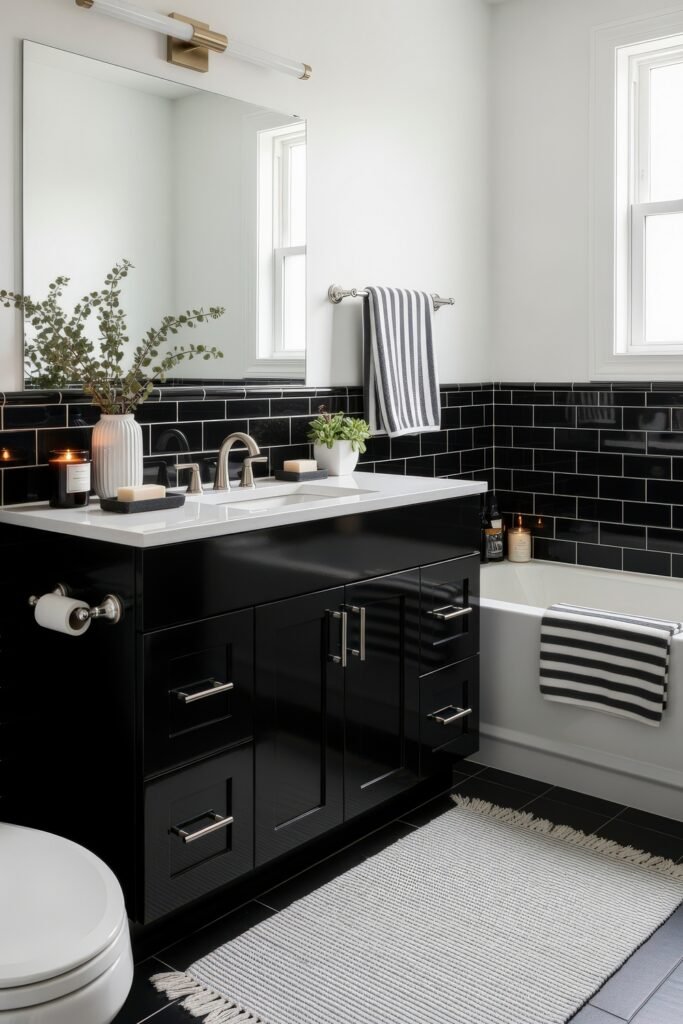 Fresh Ideas for Black and White Bathroom Decor 2 Modern black and white bathroom with a glossy black vanity, striped towels, a white countertop, and black subway tile halfway up the walls surrounding a bathtub.