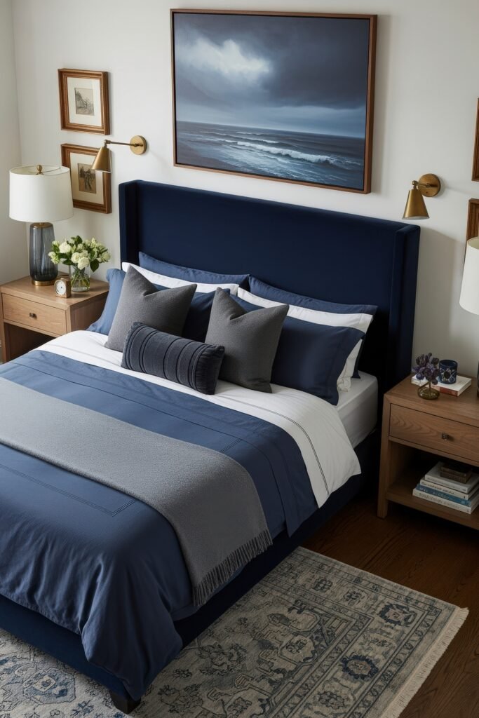 Fresh blue bedroom ideas for a calm, chic retreat 2 Modern bedroom with a deep navy upholstered headboard, layered navy and gray bedding, wood nightstands, and ocean artwork above the bed.