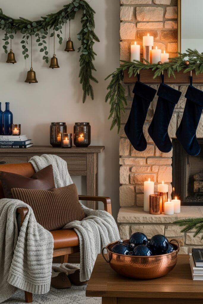 Cozy Holiday Magic With Blue Christmas Décor 2 Warm fireplace scene with glowing candles, navy stockings, and rustic garland, creating a cozy Christmas décor atmosphere with leather and knit textures.