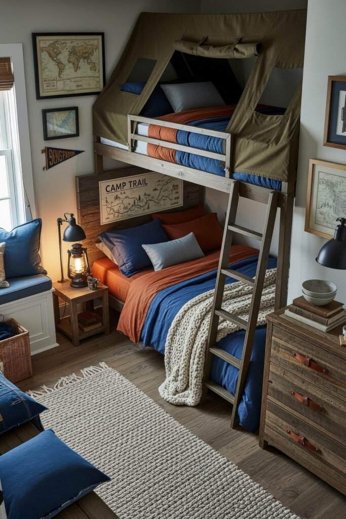 Breezy, Stylish Boys Bedroom Ideas for Modern Families 2 Adventure-inspired boys bedroom with a bunk bed styled like a tent, orange and blue bedding, rustic wood furnishings, and map decor for a cozy, outdoorsy feel.