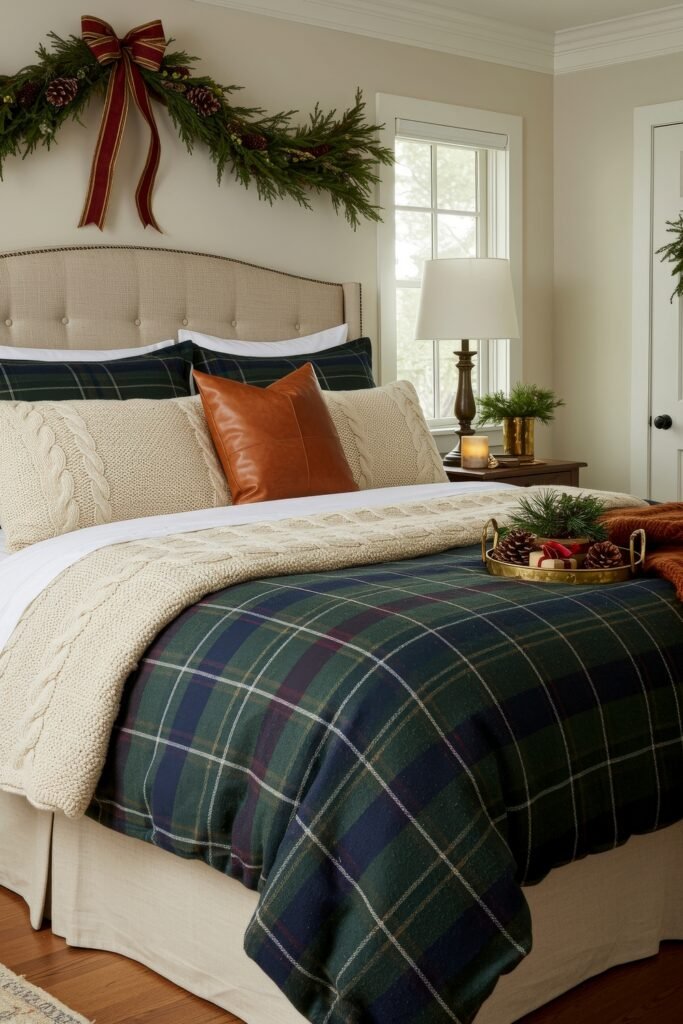 Elevate Your Bedroom with Cozy Christmas Bedding 2 Bedroom with navy and green plaid bedding, cream knit accents, and leather pillow, topped with a garland and ribbon bow for a warm holiday look.