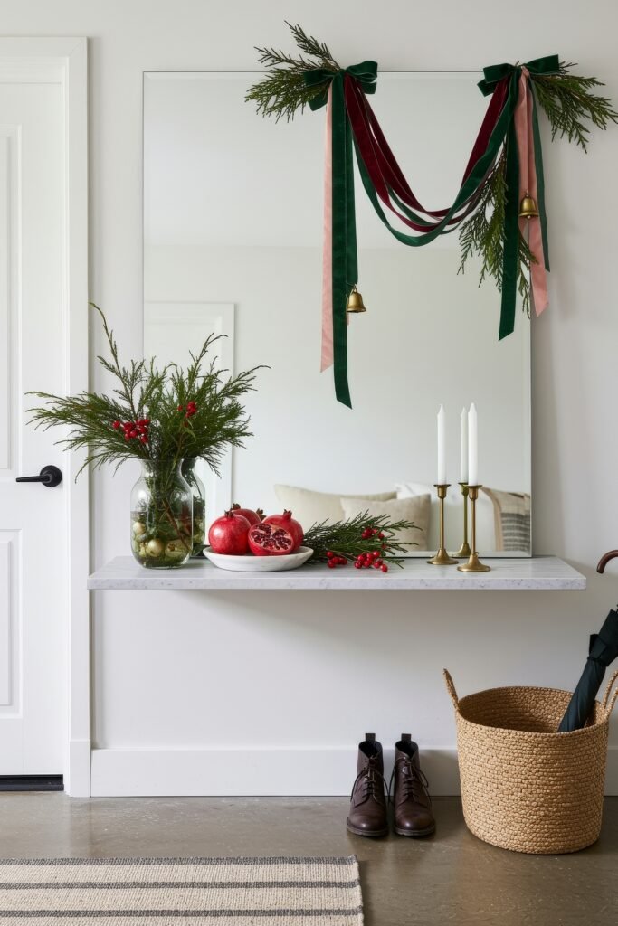 Cozy Christmas Décor for a christmas entryway 2 A minimal christmas entryway featuring a mirror with ribbon garland, a vase of greenery with red berries, pomegranates on a plate, and brass candlesticks.