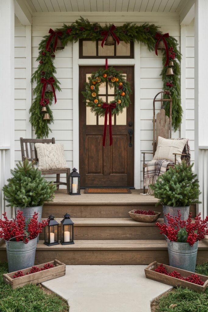 Cozy Entry Magic for christmas porch décor 2 Rustic wooden porch with evergreen garland, red bows, bells, a citrus-adorned wreath, lanterns, and buckets of greenery and berries for a festive christmas porch décor.