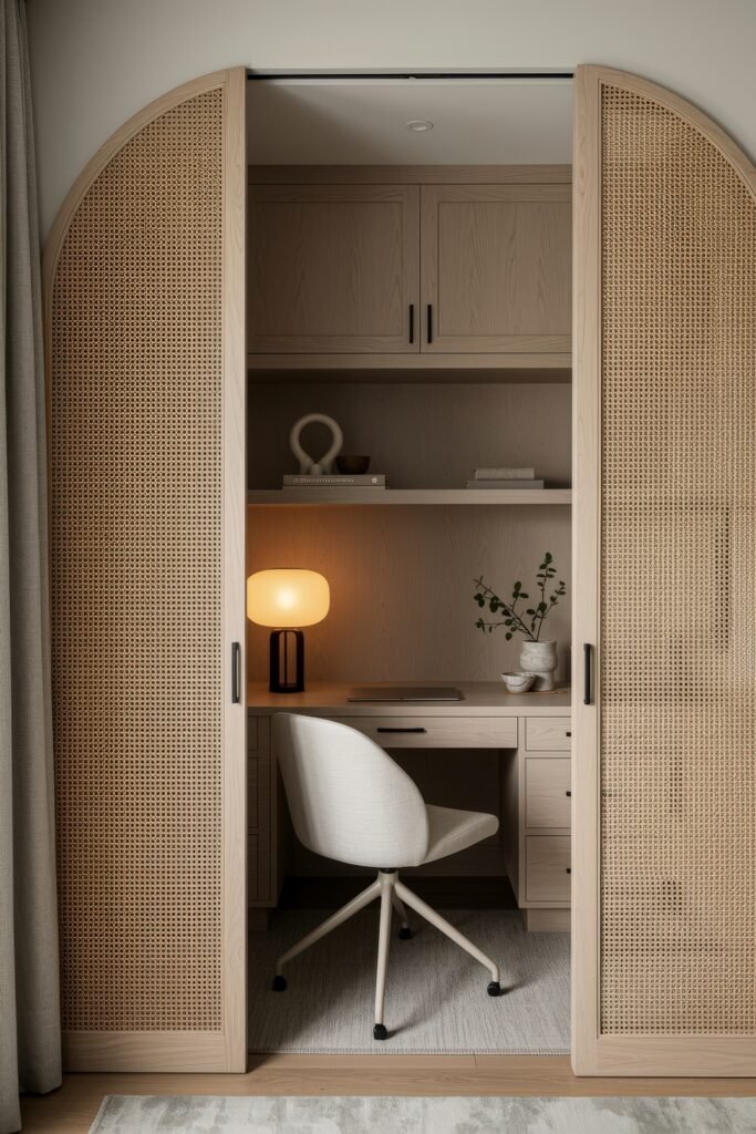 Closet Office (Cloffice) Ideas For A Chic, Calm Workspace 2 Compact nook office with cane sliding doors, wood desk, and soft lamp lighting for a cozy and functional design.