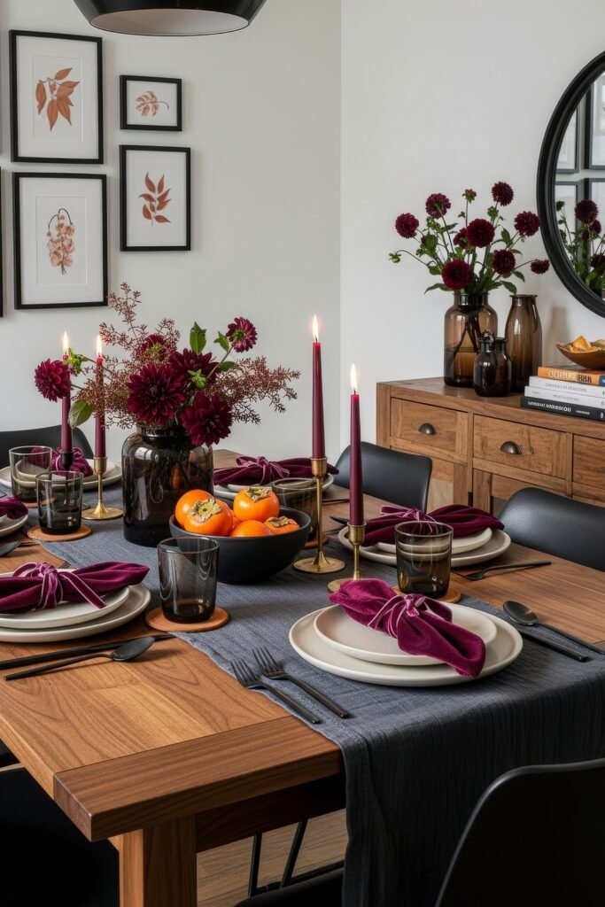 Modern, Cozy Ideas for Fall Thanksgiving Décor 2 A modern dining table decorated with burgundy flowers, velvet napkins, candles, and a bowl of persimmons, creating an elegant fall Thanksgiving décor.